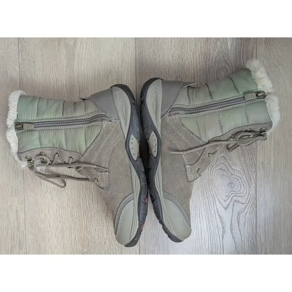 Easy Spirit Eserle Winter Boots 8.5 Taupe Suede Faux Fur Trim Side Zip Lace Up